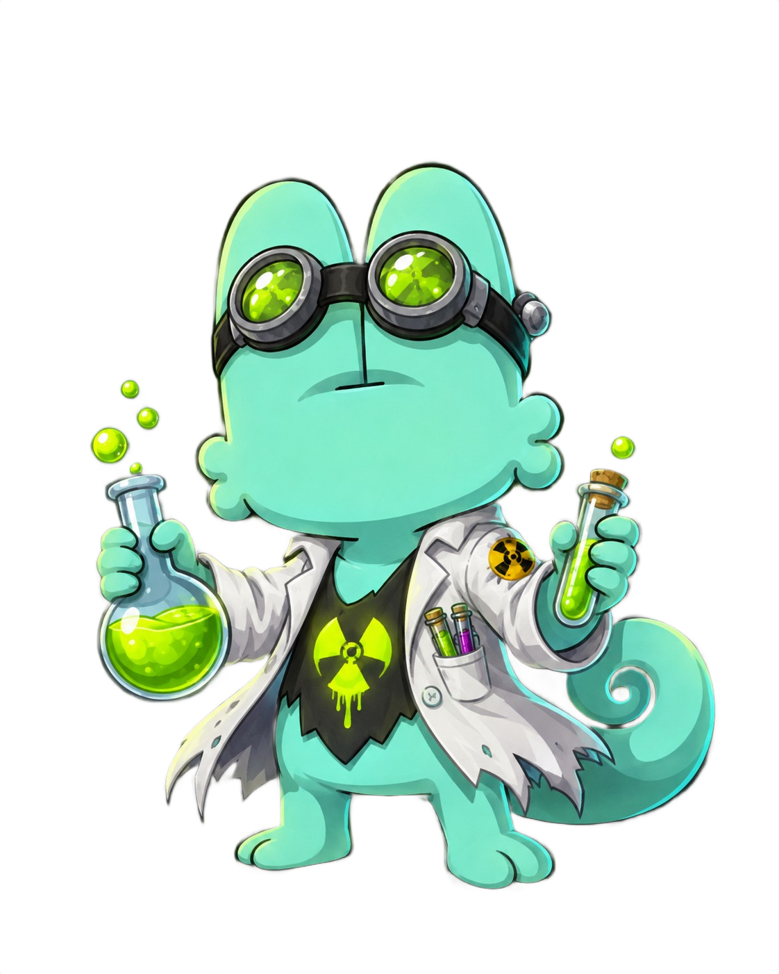 A Squiky: a mutant squirrel in a lab coat holding glowing serum